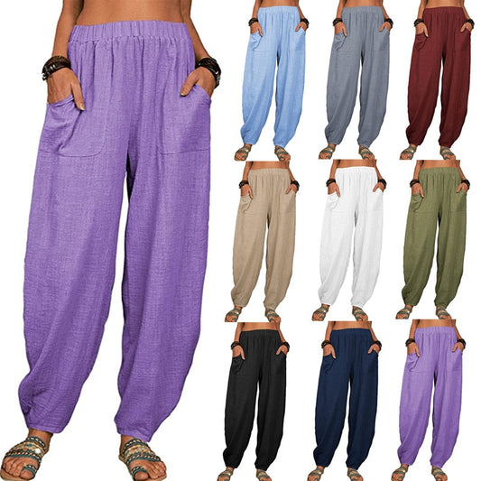 Solid Color Loose Cotton Linen Casual Pants with Pockets