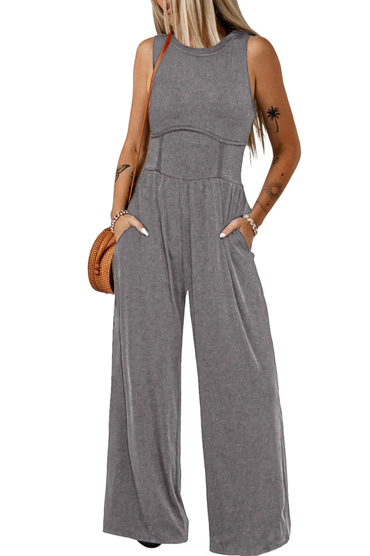 Solid Color Round Neck Cinched Waist Sleeveless Wide Leg Jumpsuit with Pockets