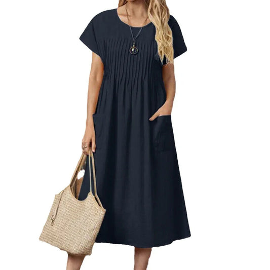 Solid Color Round Neck Pleated Short Sleeve Cotton and Linen Dress with Pockets