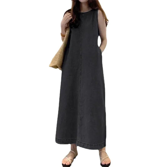 Solid Color Round Neck Sleeveless Loose Long Vest Denim Dress With Pockets