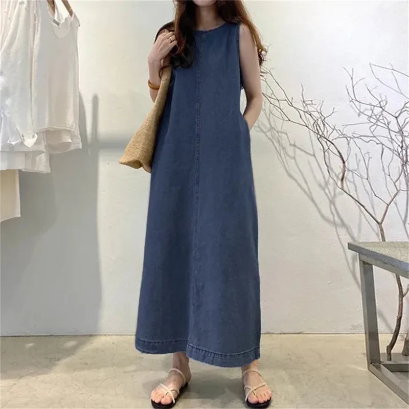 Solid Color Round Neck Sleeveless Loose Long Vest Denim Dress With Pockets