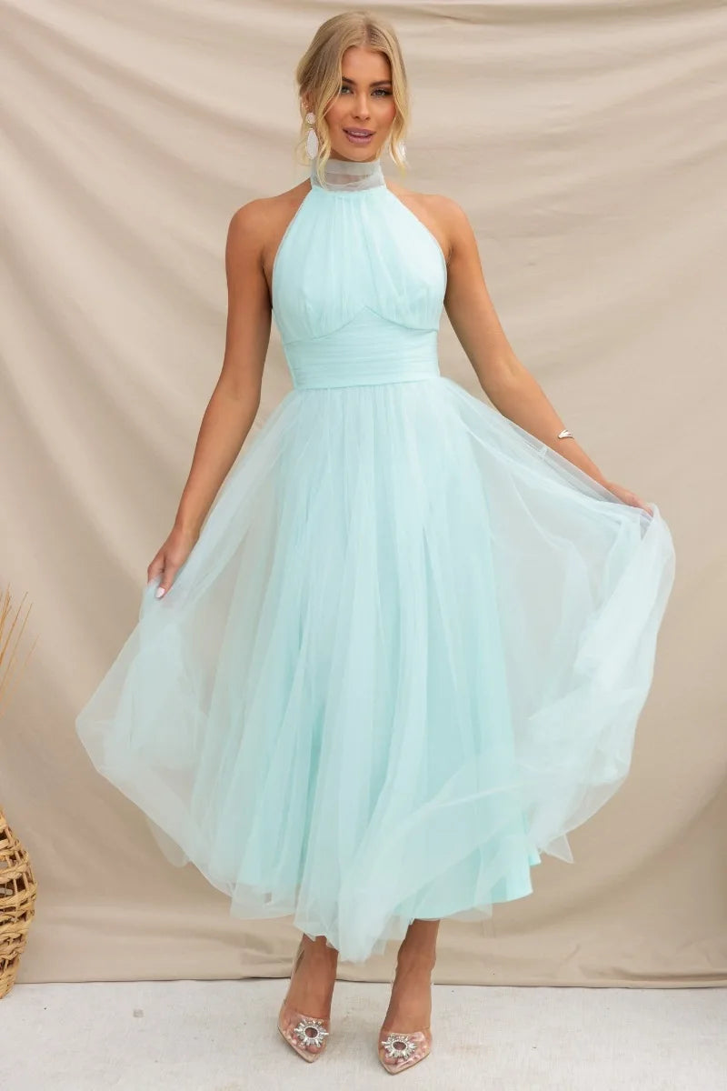 Solid Color Ruched Backless Halter Mesh Ankle Length Prom Homcoing Bridesmaid Dress