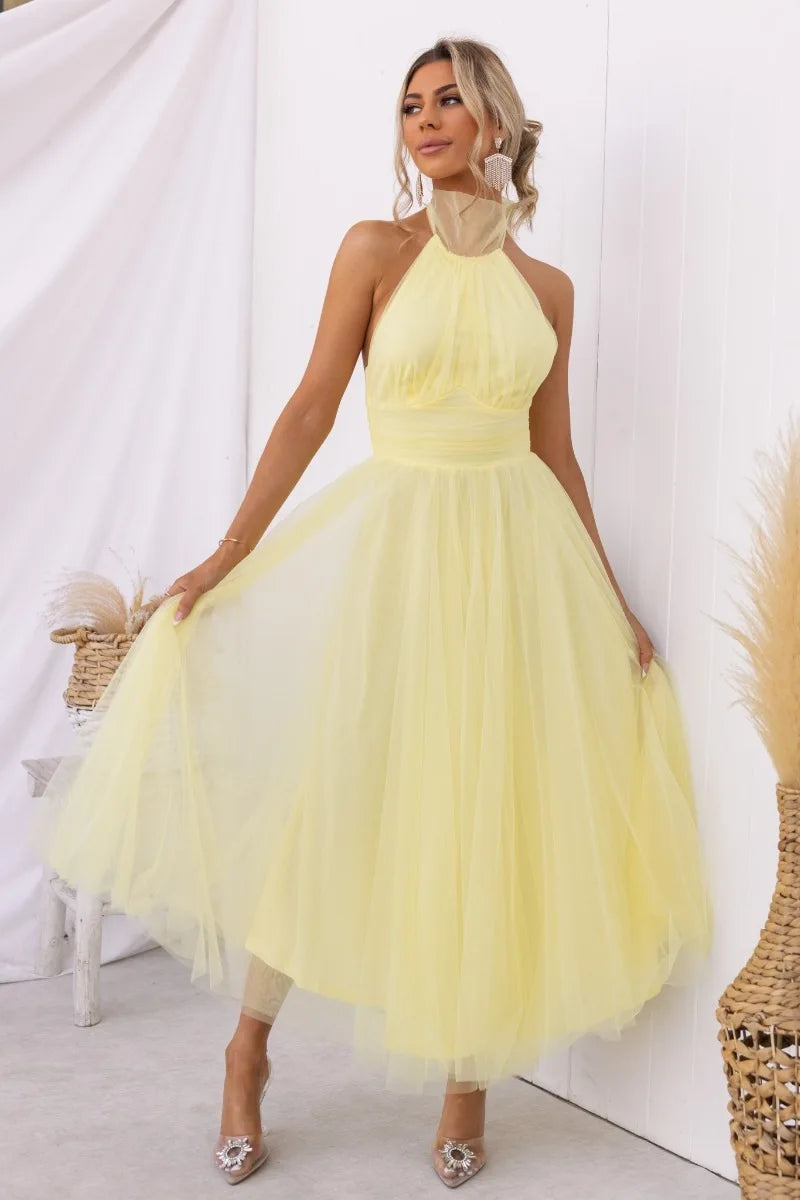 Solid Color Ruched Backless Halter Mesh Ankle Length Prom Homcoing Bridesmaid Dress