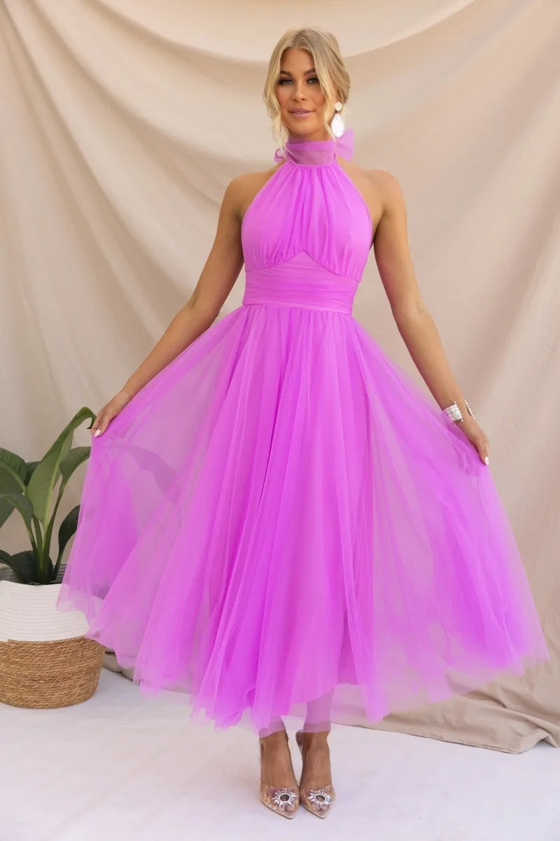 Solid Color Ruched Backless Halter Mesh Ankle Length Prom Homcoing Bridesmaid Dress