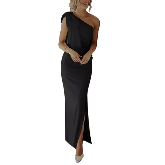 Solid Color Ruched Split One Shoulder Formal Evening Long Dress