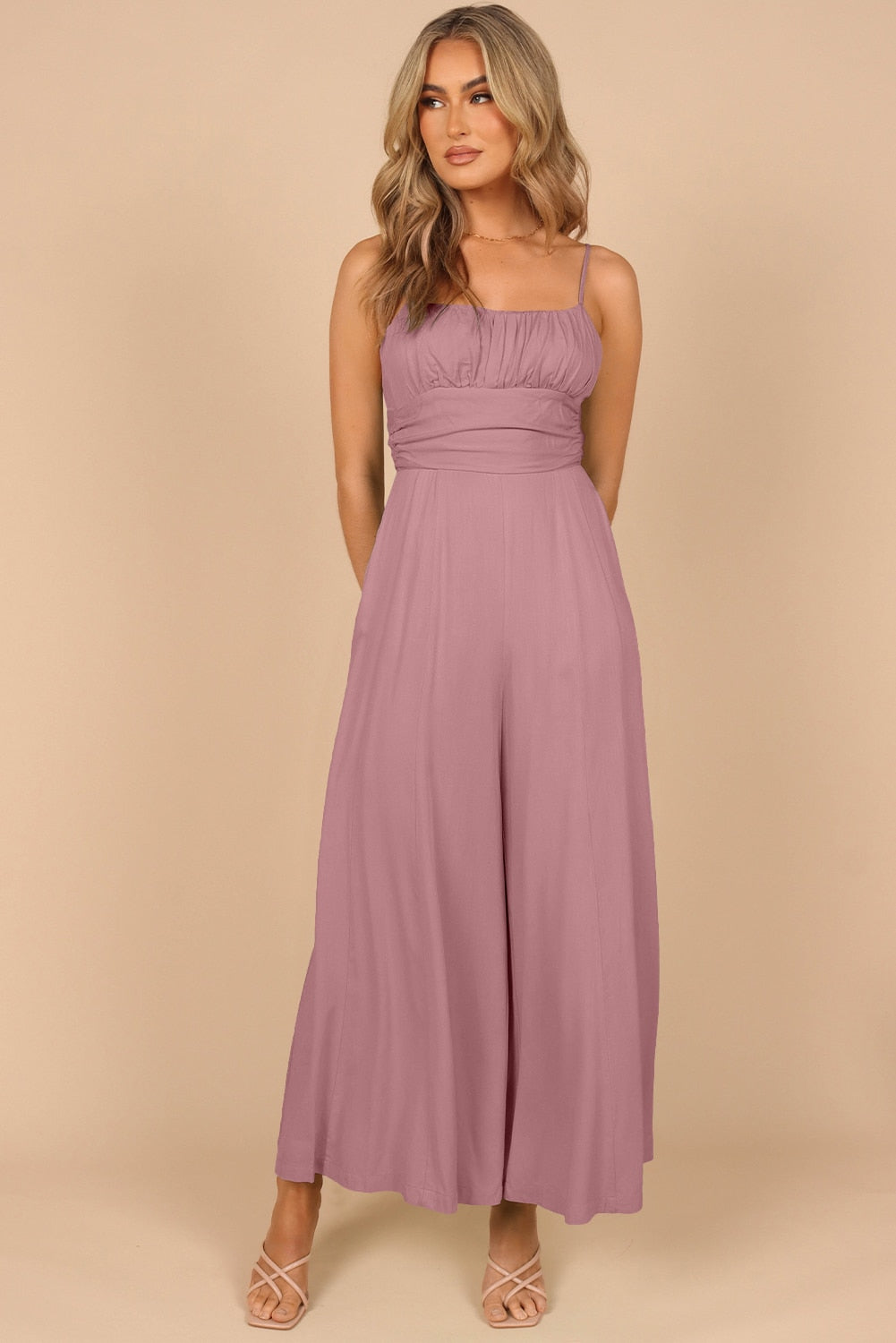 Solid Color Spaghetti Straps Backless Knot Wide-Leg Jumpsuit