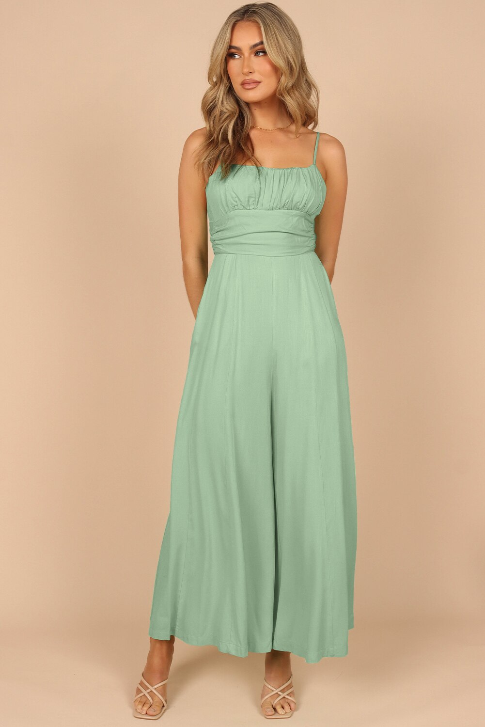 Solid Color Spaghetti Straps Backless Knot Wide-Leg Jumpsuit