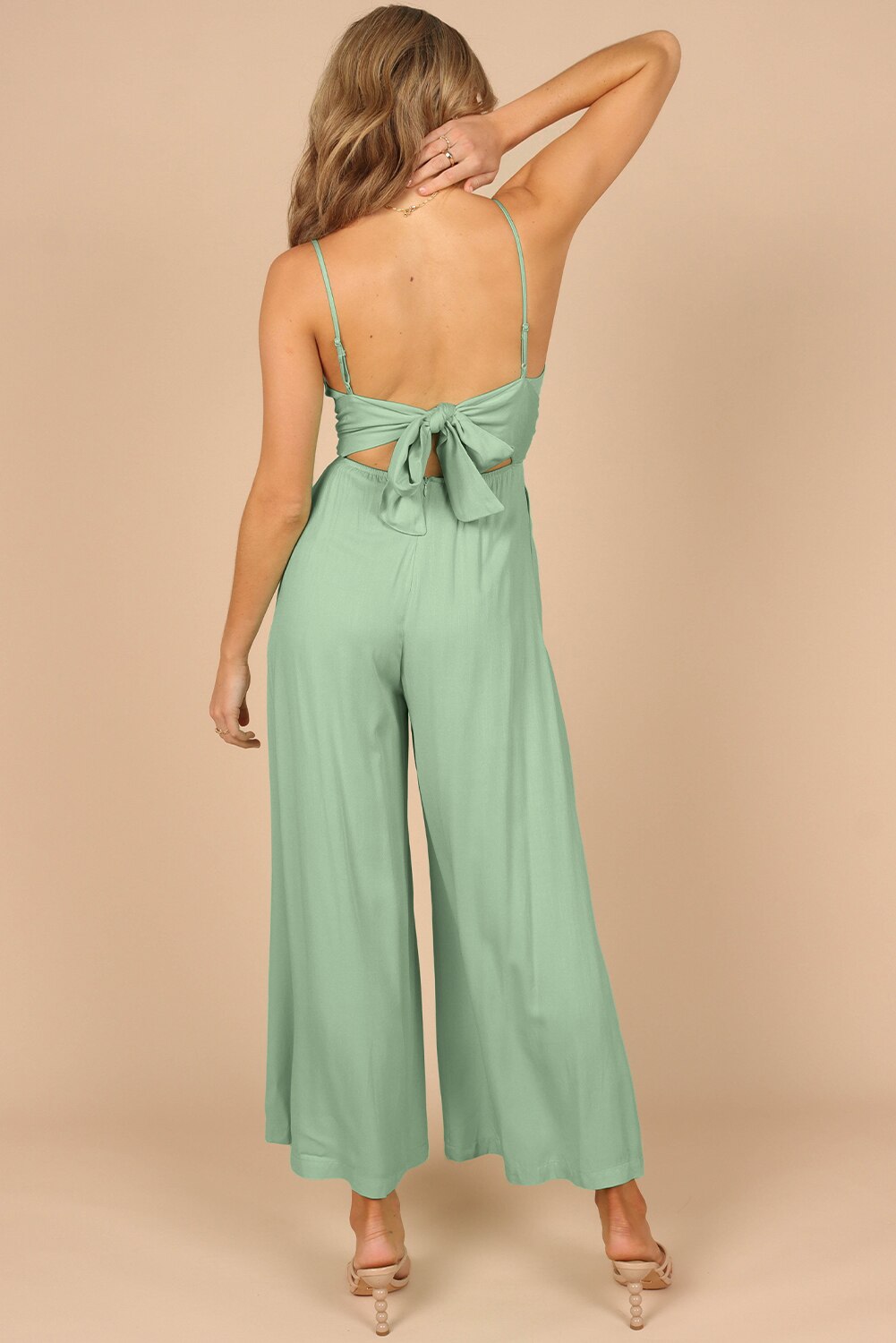 Solid Color Spaghetti Straps Backless Knot Wide-Leg Jumpsuit