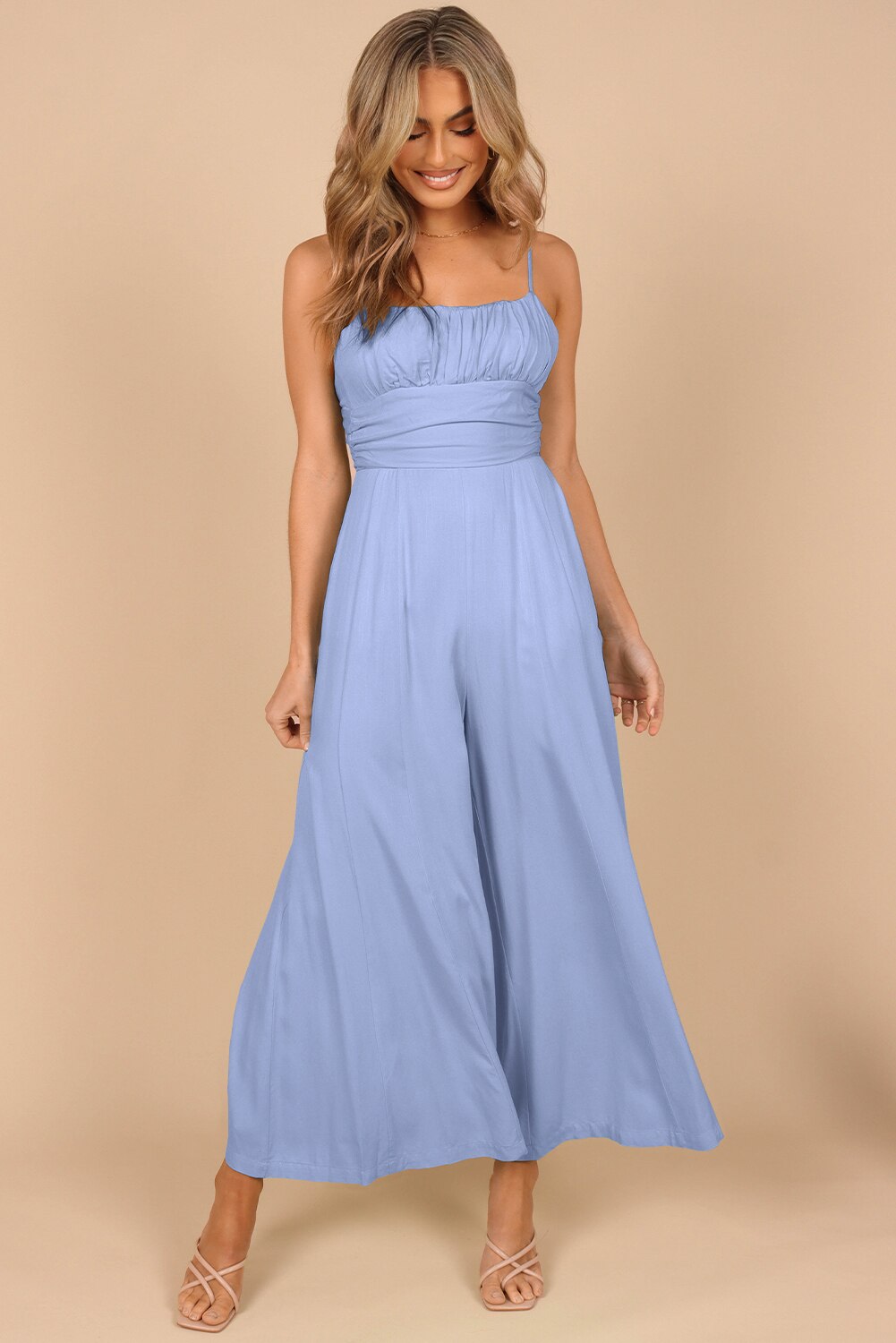 Solid Color Spaghetti Straps Backless Knot Wide-Leg Jumpsuit