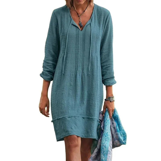 Solid Color Splice Mid length Long Sleeve V-Neck Lace Up Dress