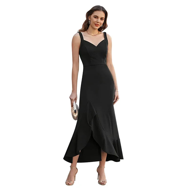 Solid Color Sweetheart Spaghetti Straps Asymmetrical Lotus Leaf Evening Long Dress