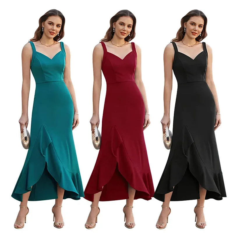 Solid Color Sweetheart Spaghetti Straps Asymmetrical Lotus Leaf Evening Long Dress