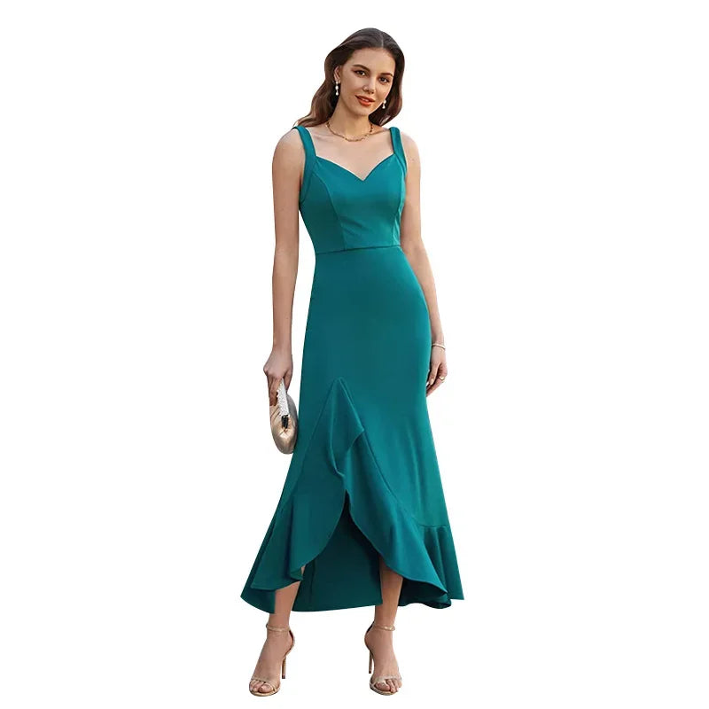 Solid Color Sweetheart Spaghetti Straps Asymmetrical Lotus Leaf Evening Long Dress