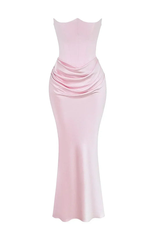 Solid Color Tube Top Fishbone Pleated Long Hip-wrapped Satin Mermaid Formal Evening Dress