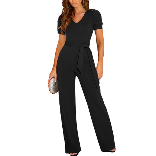 Solid Color V-neck Short Sleeved Women's Jumpsuit with Belt