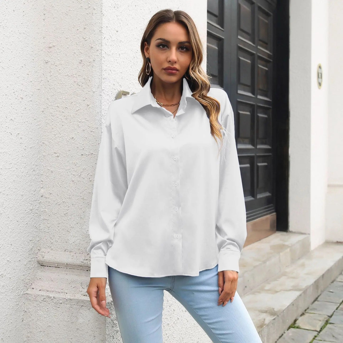 Solid Color Women's Loose Shoulder Long Sleeves Classic  Basic Shirt