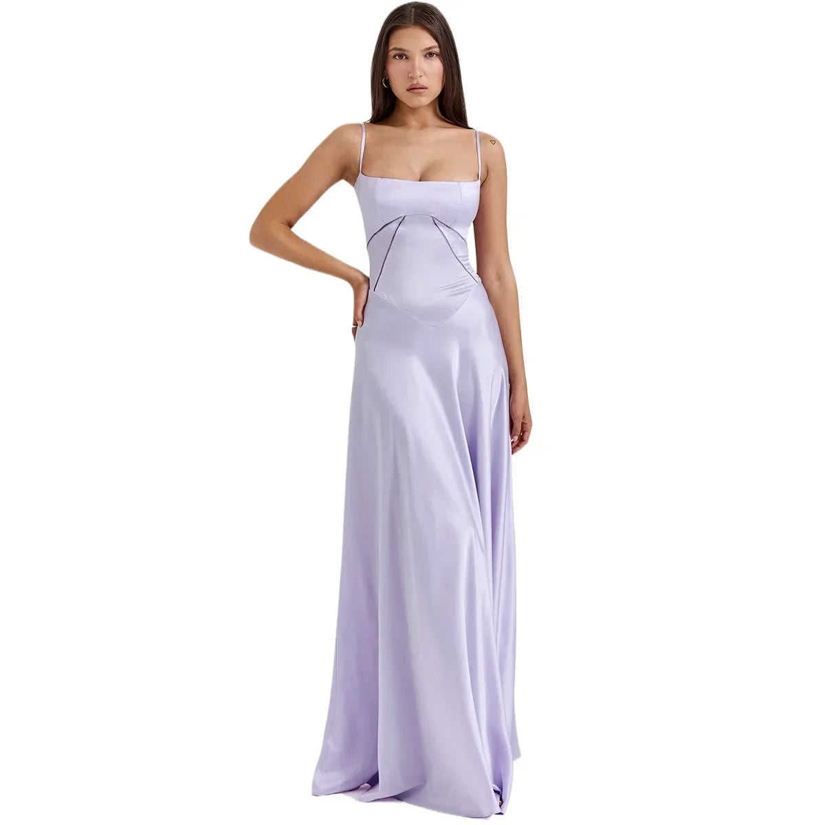 Spaghetti Straps Open Back Satin Long Formal Evening Dress