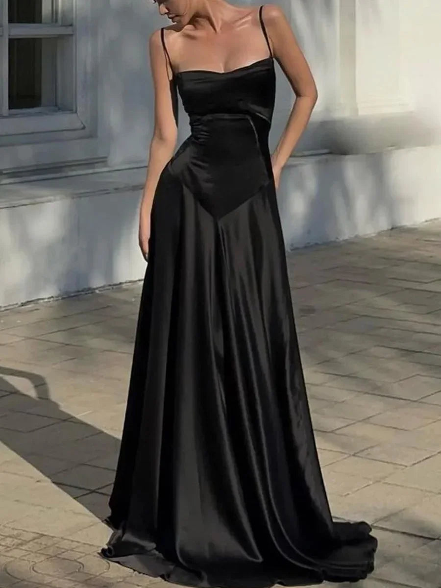 Spaghetti Straps Open Back Satin Long Formal Evening Dress