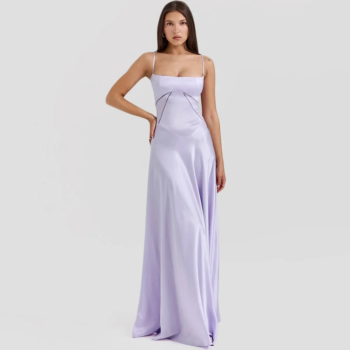 Spaghetti Straps Open Back Satin Long Formal Evening Dress