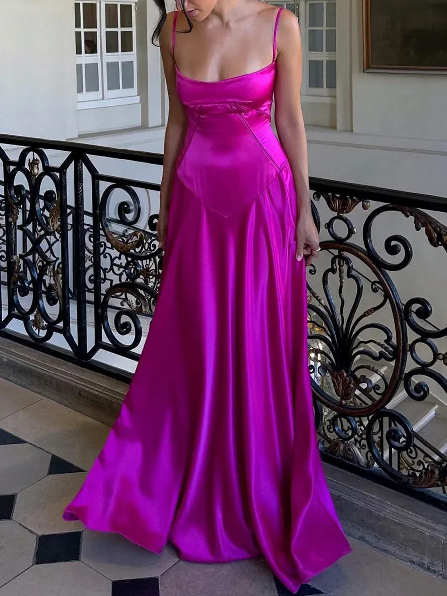 Spaghetti Straps Open Back Satin Long Formal Evening Dress