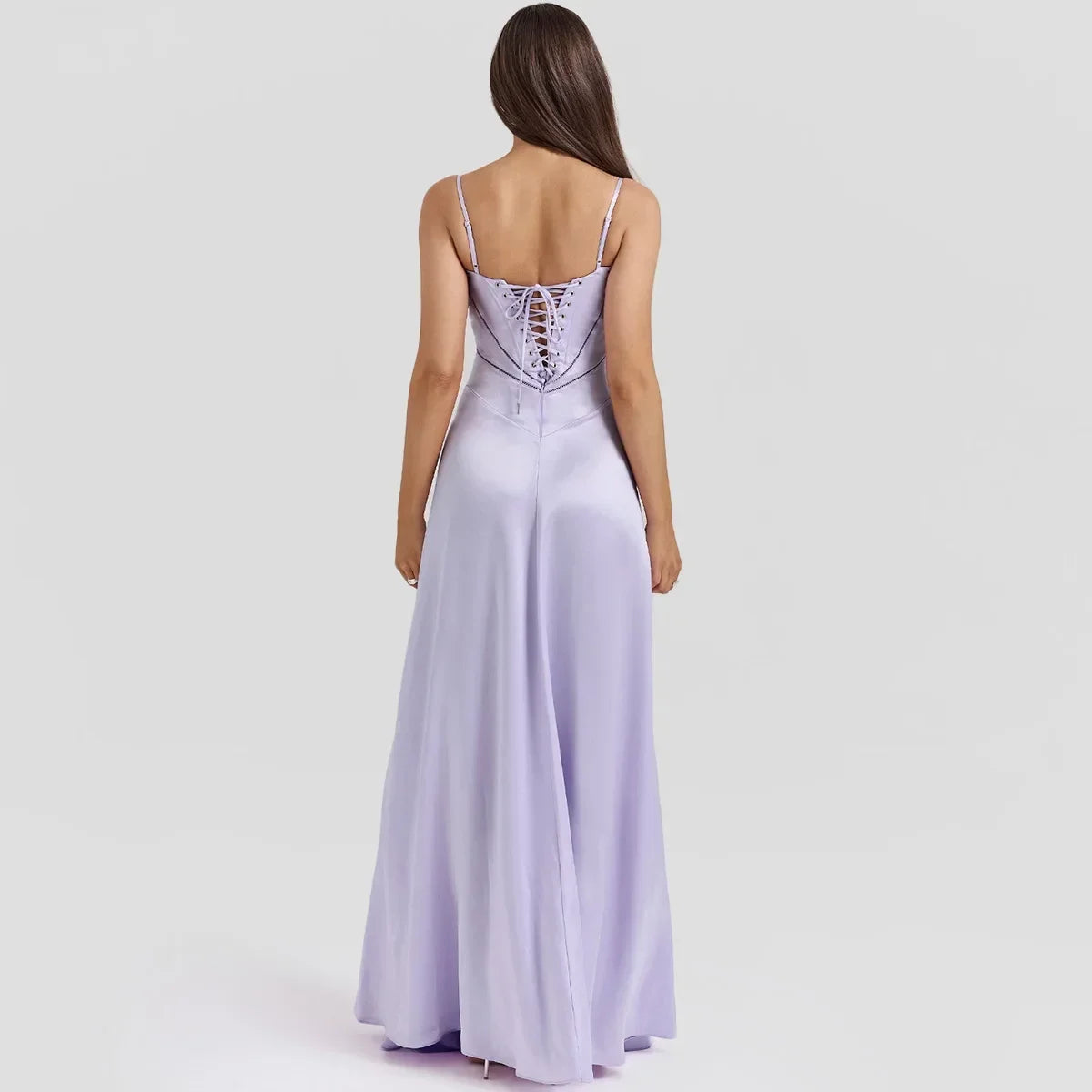 Spaghetti Straps Open Back Satin Long Formal Evening Dress