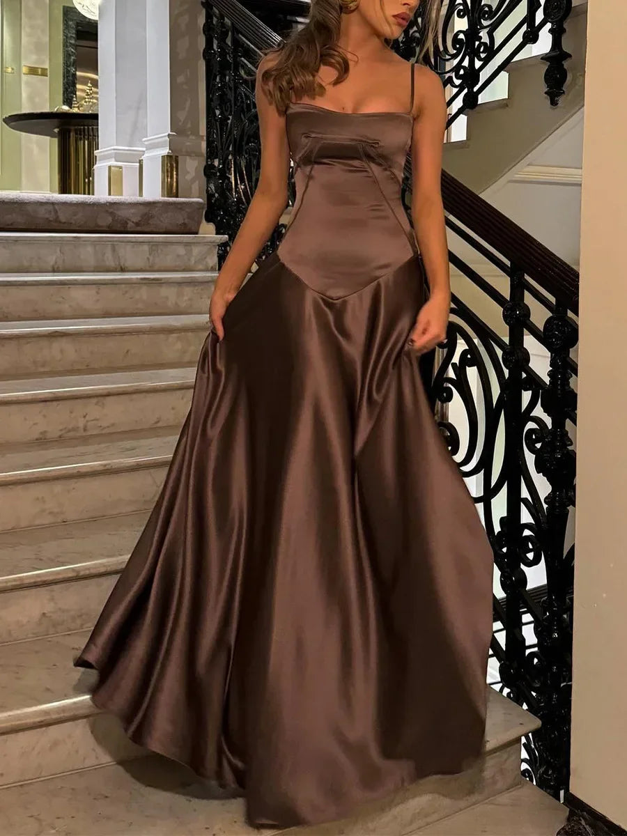 Spaghetti Straps Open Back Satin Long Formal Evening Dress