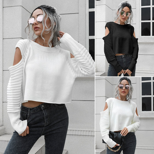 Spring Solid Loose Long Sleeve Off Shoulder Women's Short Sweater