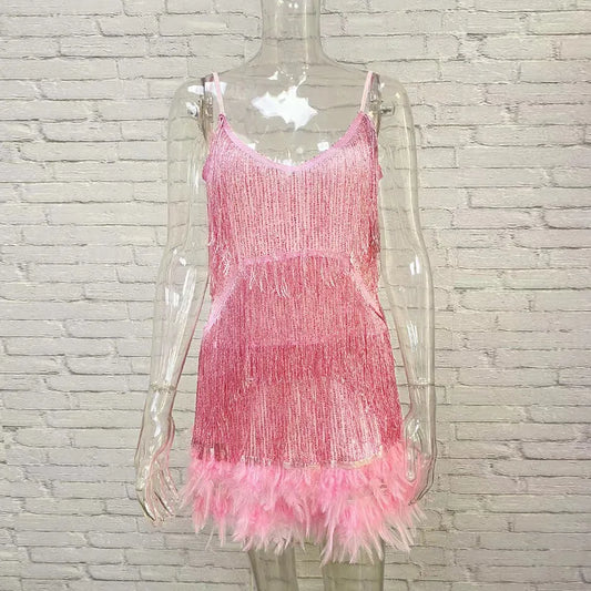 Spring/Summer 2023 Tassel Feather Sequin Sexy V-Neck Short Dress for Women