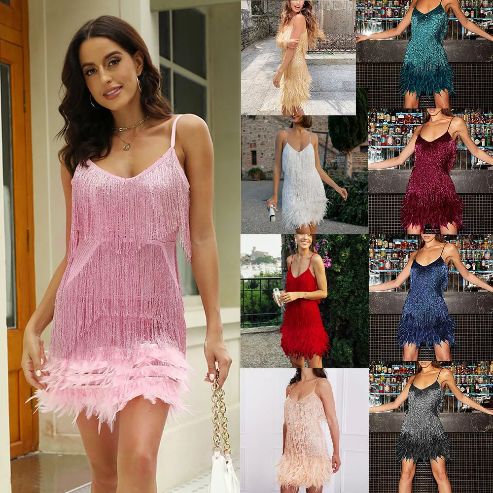 Spring/Summer 2023 Tassel Feather Sequin Sexy V-Neck Short Dress for Women