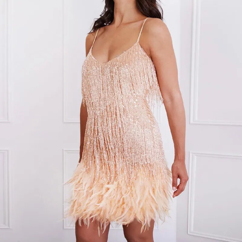 Spring/Summer 2023 Tassel Feather Sequin Sexy V-Neck Short Dress for Women