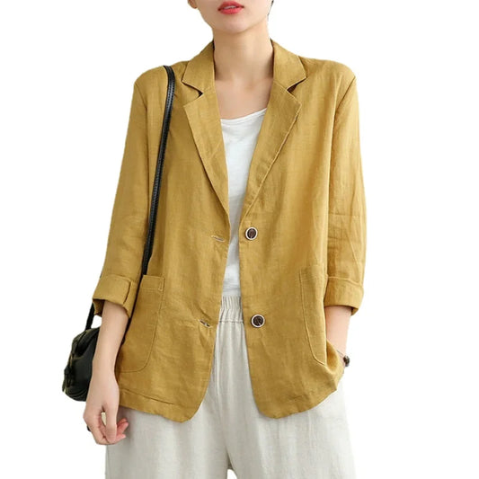 Spring/Summer New Cotton and Linen Top Versatile Long Sleeved Casual Coat for Women