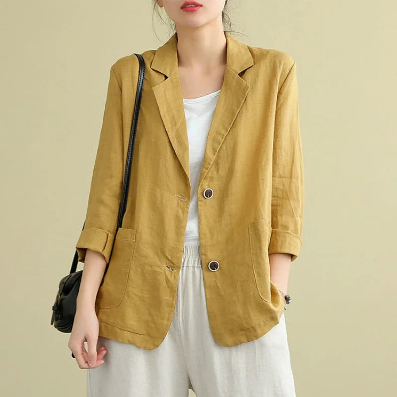 Spring/Summer New Cotton and Linen Top Versatile Long Sleeved Casual Coat for Women