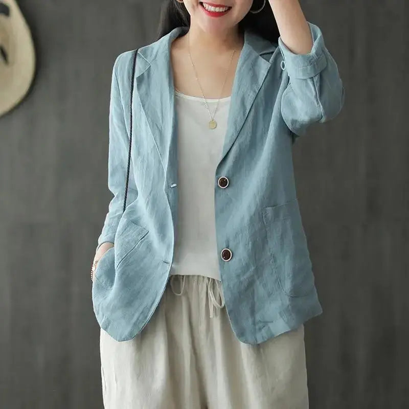 Spring/Summer New Cotton and Linen Top Versatile Long Sleeved Casual Coat for Women