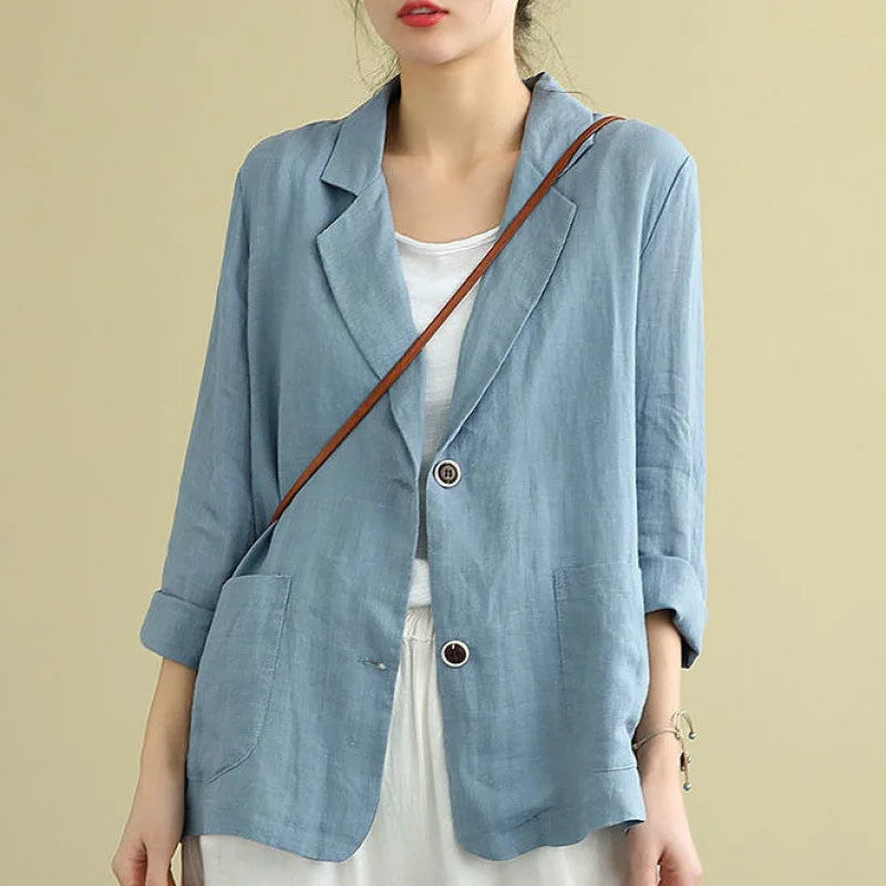 Spring/Summer New Cotton and Linen Top Versatile Long Sleeved Casual Coat for Women