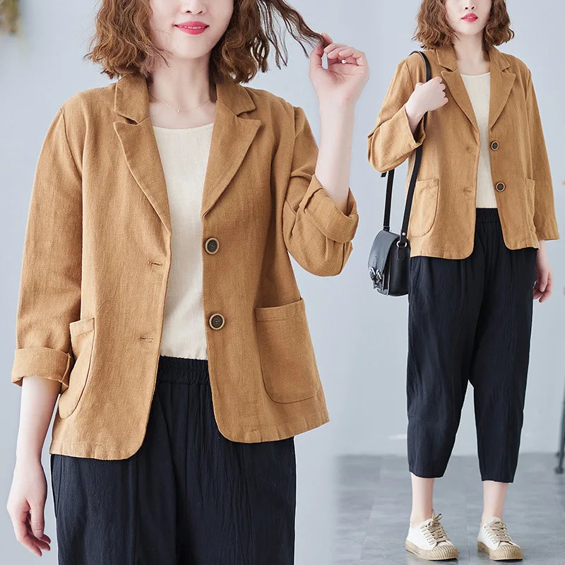 Spring/Summer New Cotton and Linen Top Versatile Long Sleeved Casual Coat for Women