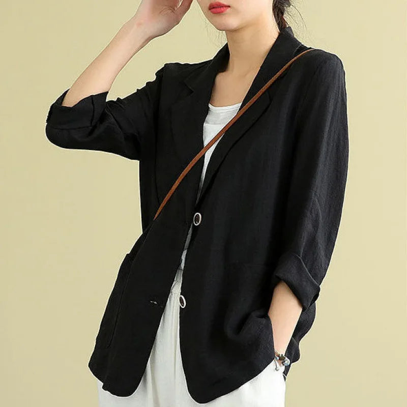 Spring/Summer New Cotton and Linen Top Versatile Long Sleeved Casual Coat for Women