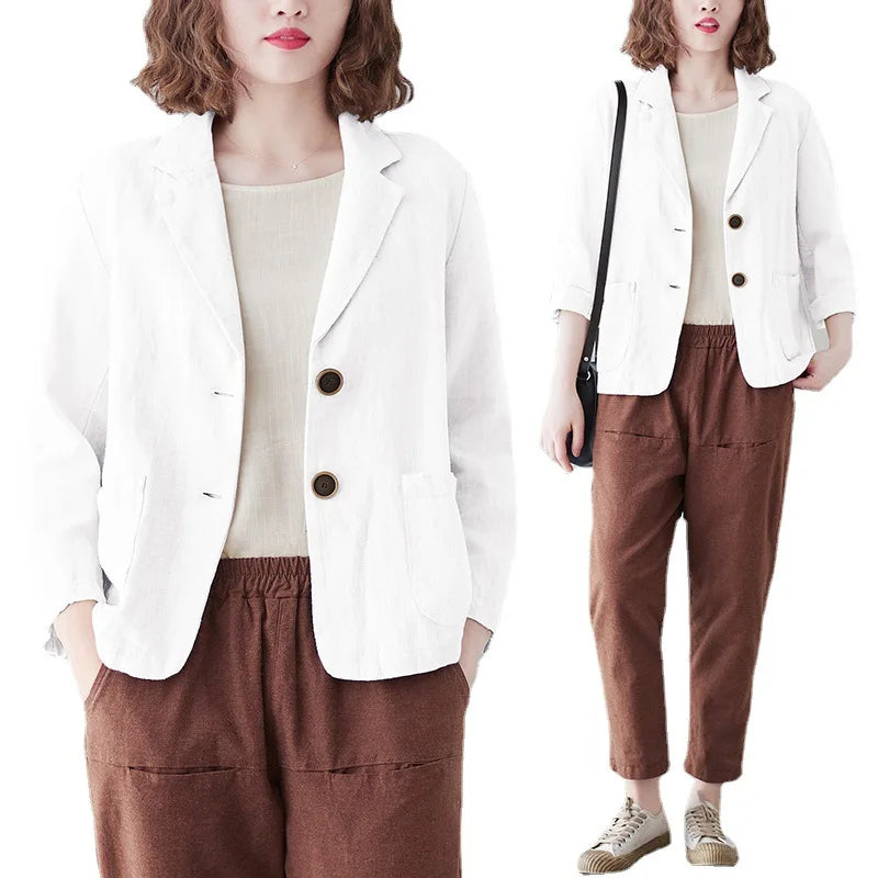 Spring/Summer New Cotton and Linen Top Versatile Long Sleeved Casual Coat for Women