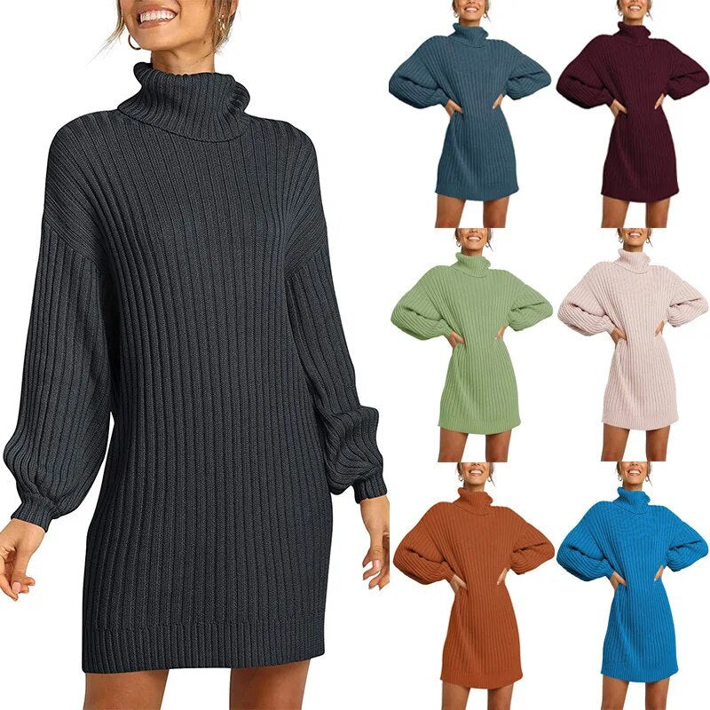 Spring and Autumn 2023 New Solid Color Turtleneck Balloon Long Sleeve Short Knitted Dress