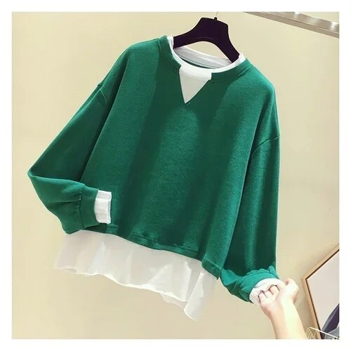 Spring and Autumn Fake Two Pieces Solid Color Block Long-sleeved Sweater Top