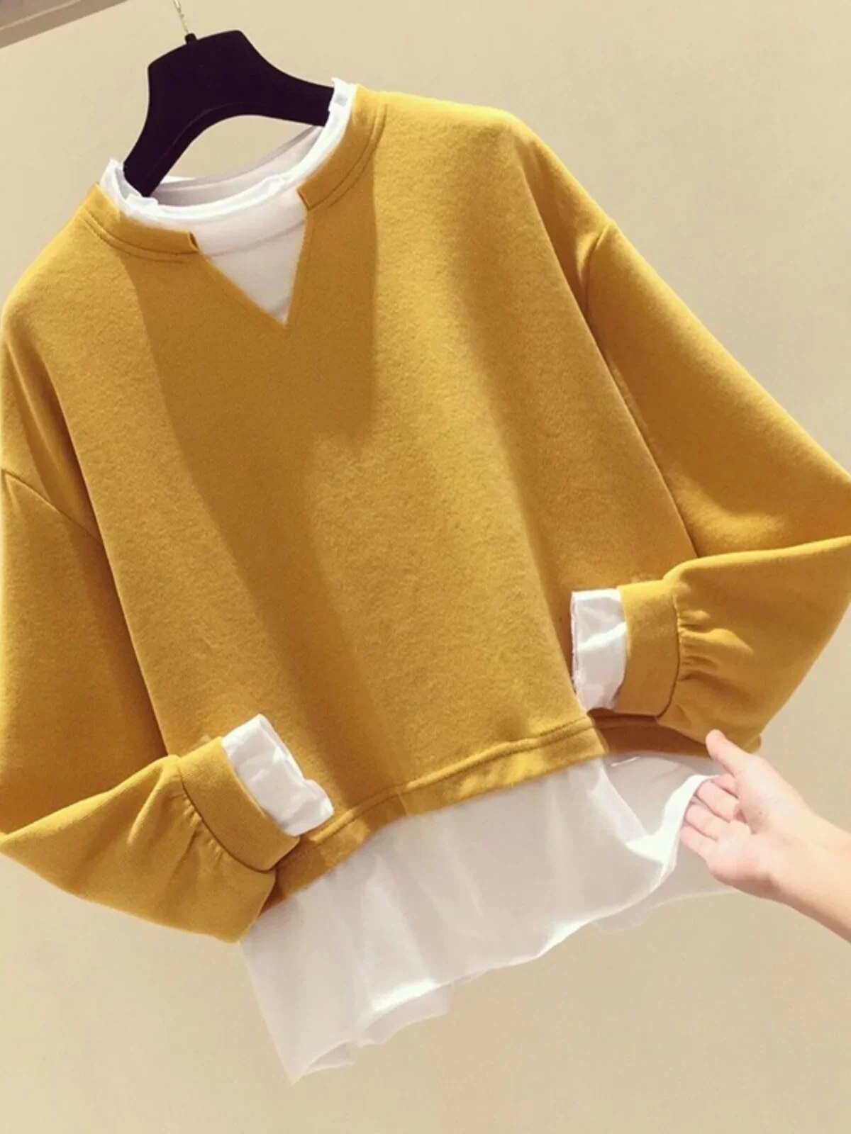 Spring and Autumn Fake Two Pieces Solid Color Block Long-sleeved Sweater Top