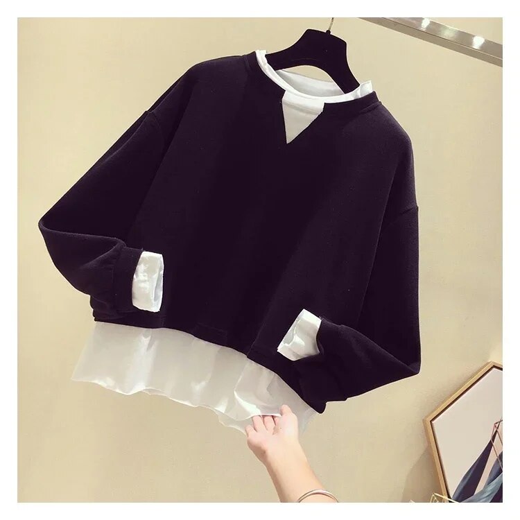 Spring and Autumn Fake Two Pieces Solid Color Block Long-sleeved Sweater Top