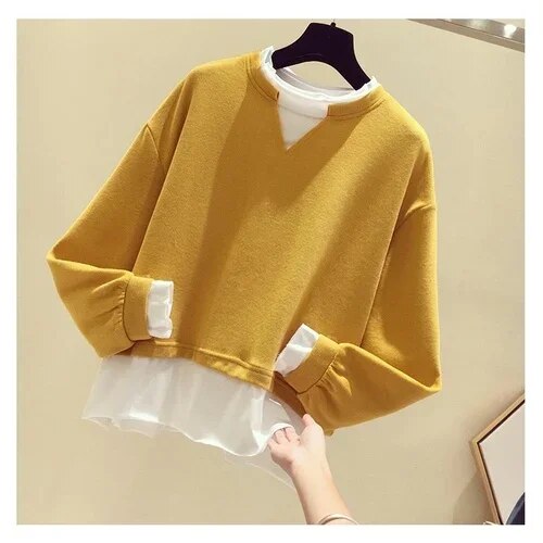 Spring and Autumn Fake Two Pieces Solid Color Block Long-sleeved Sweater Top