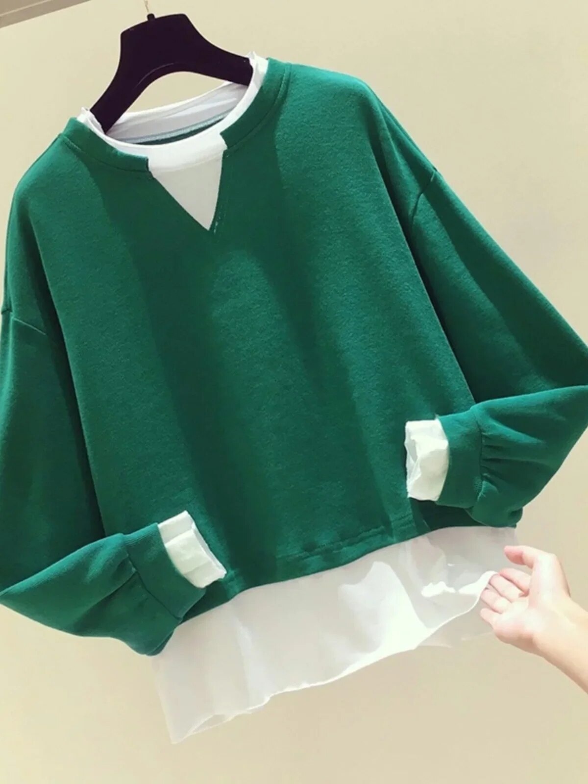 Spring and Autumn Fake Two Pieces Solid Color Block Long-sleeved Sweater Top