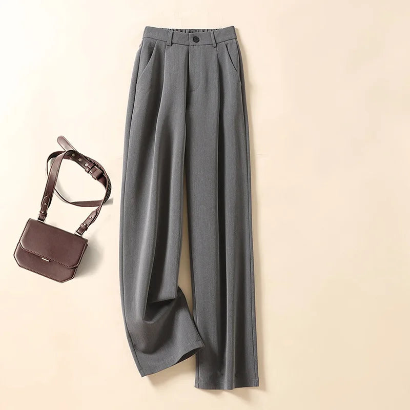 Spring and Autumn Plus Size Black Gray Luxury Cropped High-waisted Straight Wide-leg Female Suit Pants