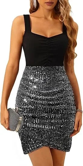 Ssequined Tight Seeveless V-neck Pleated Party Club Dress