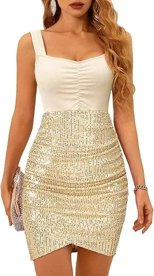 Ssequined Tight Seeveless V-neck Pleated Party Club Dress