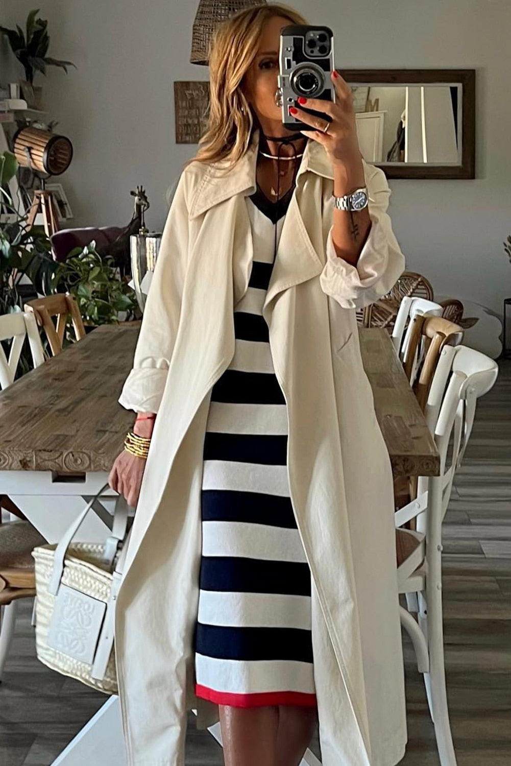 Stripe Color Block V Neck Cap Sleeve Midi Dress