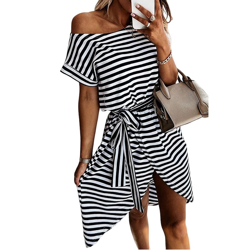 Stripe Short Sleeve Belted Wrapped Hemline T-Shirt Dress