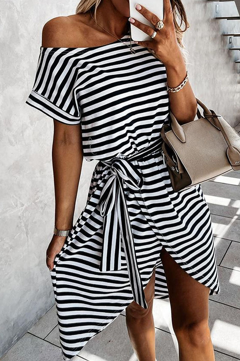 Stripe Short Sleeve Belted Wrapped Hemline T-Shirt Dress