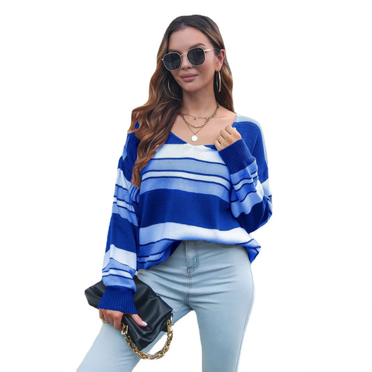 Stripe V-neck Long Sleeved Loose Sweater for Women